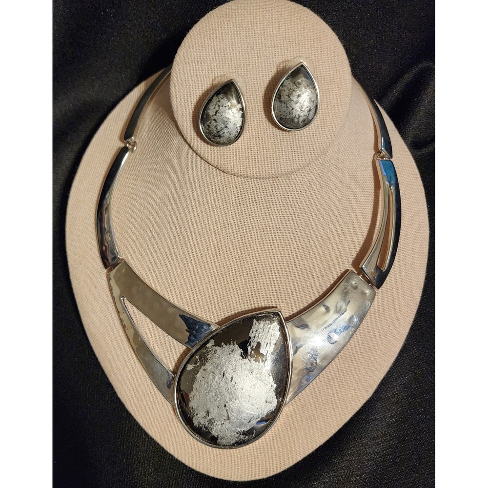 VTG Chicos Silver Tone Collar Necklace Teardrop Earring Set Statement